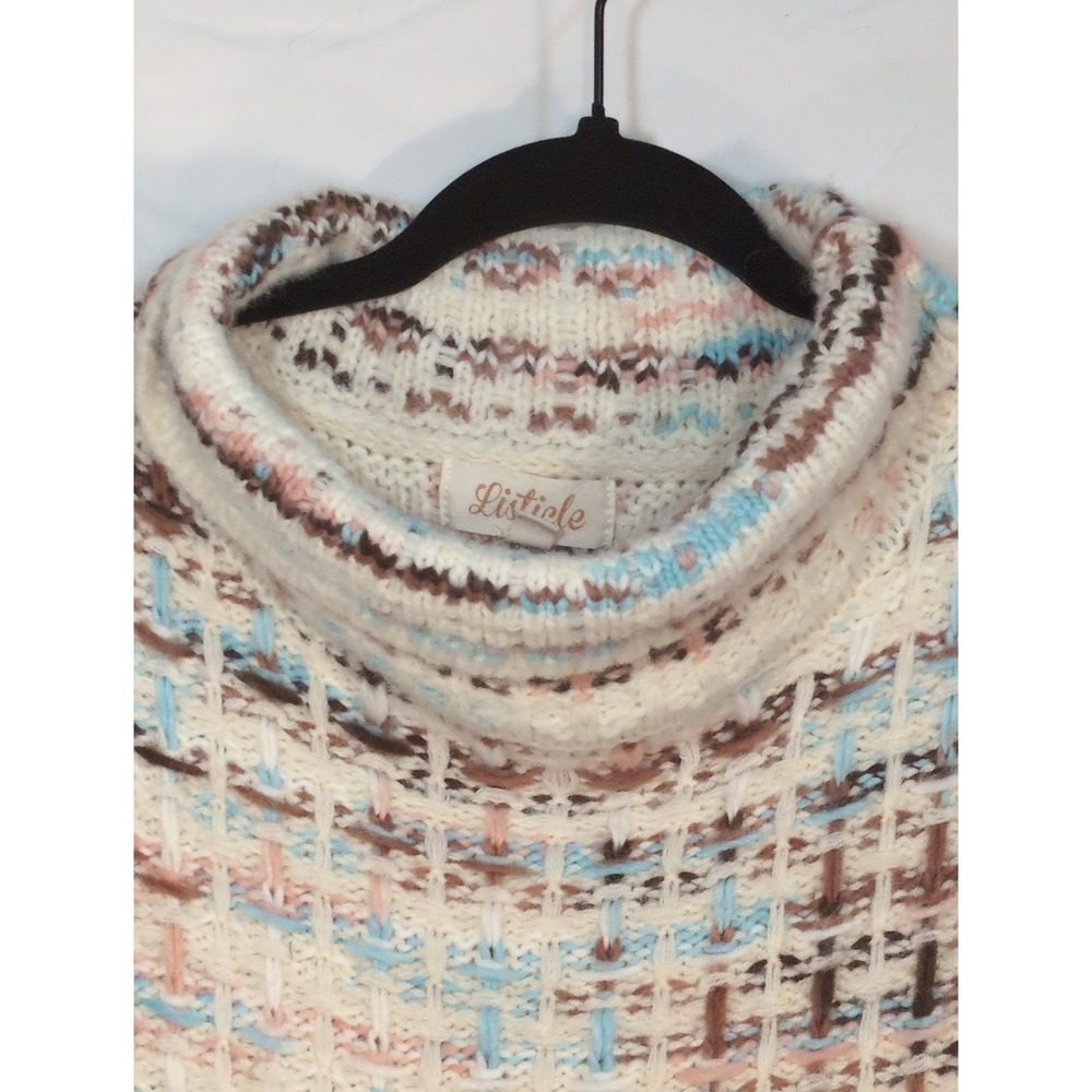 Listicle Womens Turtleneck Sweater Cream Blue Pink Textured Knit Pockets L/XL